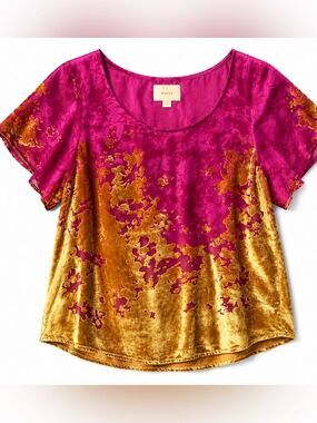 Maeve Anthropologie Velvet Burnout Silk Blend Blouse Pink Gold Boho S